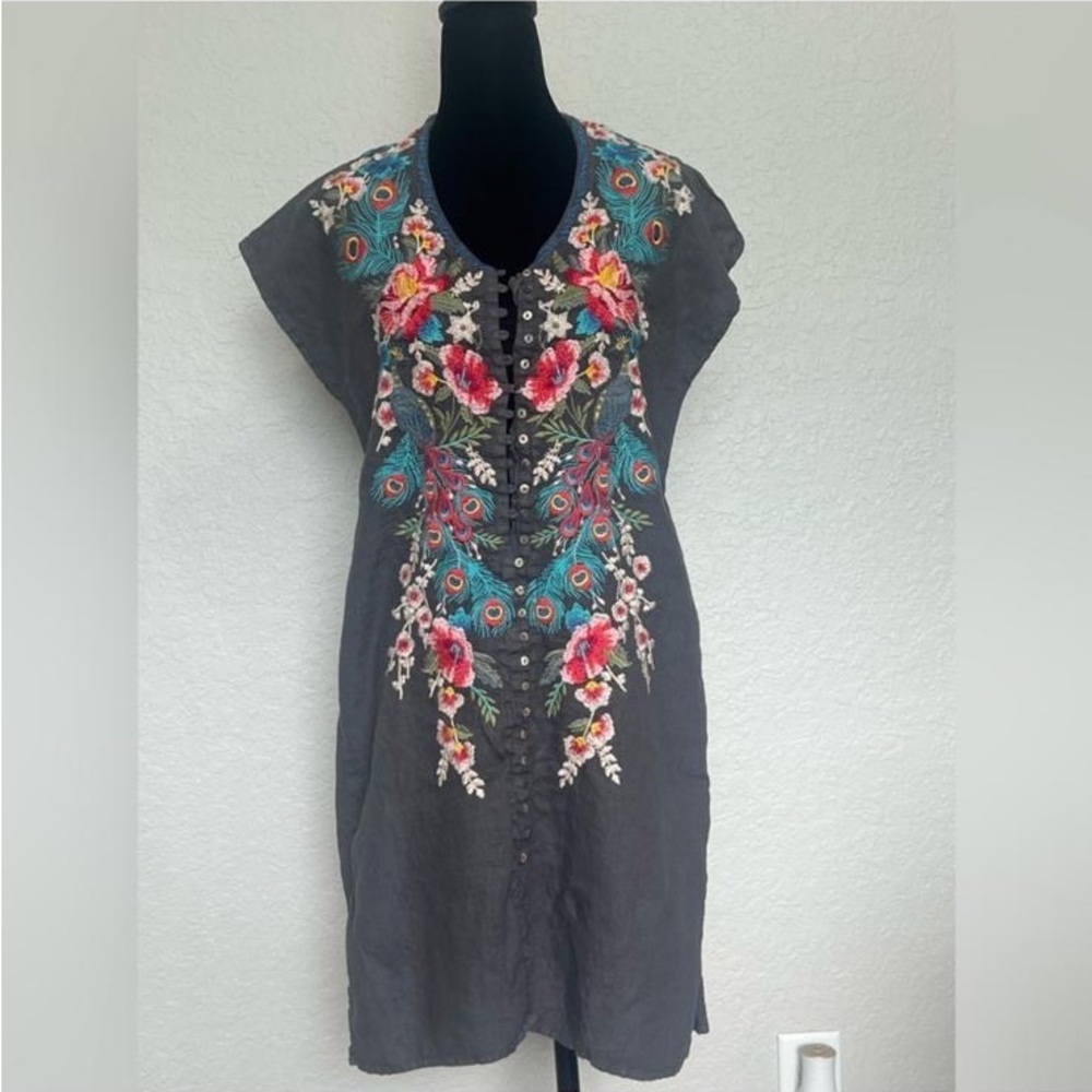 Johnny Was Charcoal Tunic with Floral Embroidery